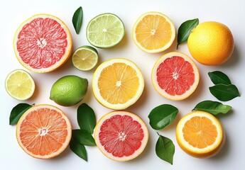 Obraz premium Fresh Citrus Fruits Arrangement with Colorful Halves and Leaves on White Background, Ideal for Healthy Lifestyle and Cooking Inspiration