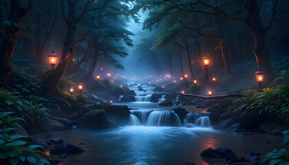 Naklejka premium Flowing Stream Through Enchanted Forest with Lanterns Illuminating the Water