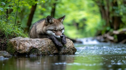 Obraz premium Calm tanuki resting on rock by serene stream nature photography tranquil environment close-up view wildlife concept