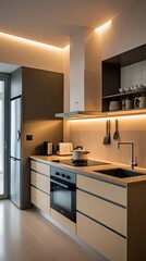 Sleek Modern Kitchen with Ambient Under-Cabinet Lighting and Minimalist Design

