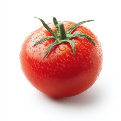 A vibrant red tomato, perfectly round and fresh, isolated on a clean white background