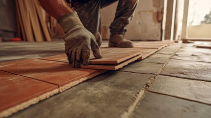 Construction worker laying flooring tiles in a room. Featuring tile installation