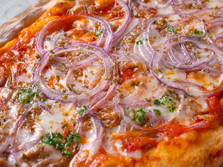 Pizza Cipolla. Italian pizza from a stove with tomato sauce red onions and Mozarella. Pizza on a wooden board.Close-up