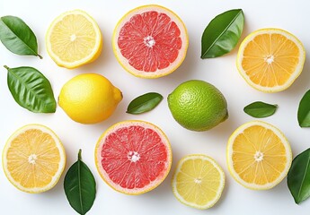 Fototapeta premium Fresh Citrus Fruits Including Lemon, Lime, Grapefruit, and Orange Surrounded by Green Leaves on a Bright White Background for Healthy Eating Concepts