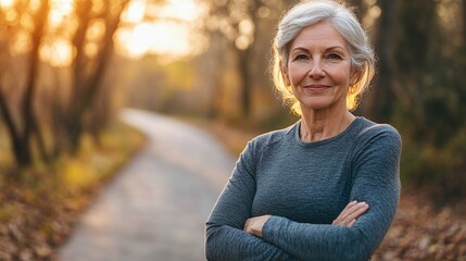 Obraz premium Confident senior woman standing with crossed arms on a peaceful path surrounded by autumn trees