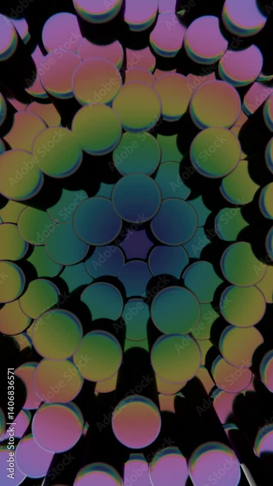 Poster Vibrant pink and blue discs arranged in a dynamic 3D pattern, forming a modern geometric composition with layered color transitions and a playful aesthetic.