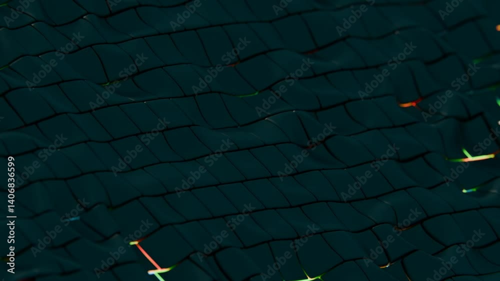 Poster Woven squares in a dark green arrangement, with glossy surfaces reflecting subtle light, forming a dynamic abstract pattern that conveys modern, futuristic design.
