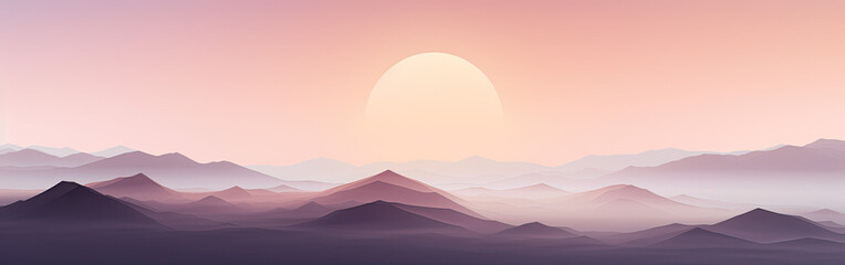 A serene landscape painting depicting a misty mountain range with a soft sunrise.