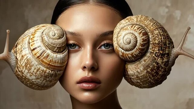 This enchanting image showcases a model with unique snail shell accessories. It represents a blend of nature and creativity. Ideal for stunning artistic and fashion projects. AI
