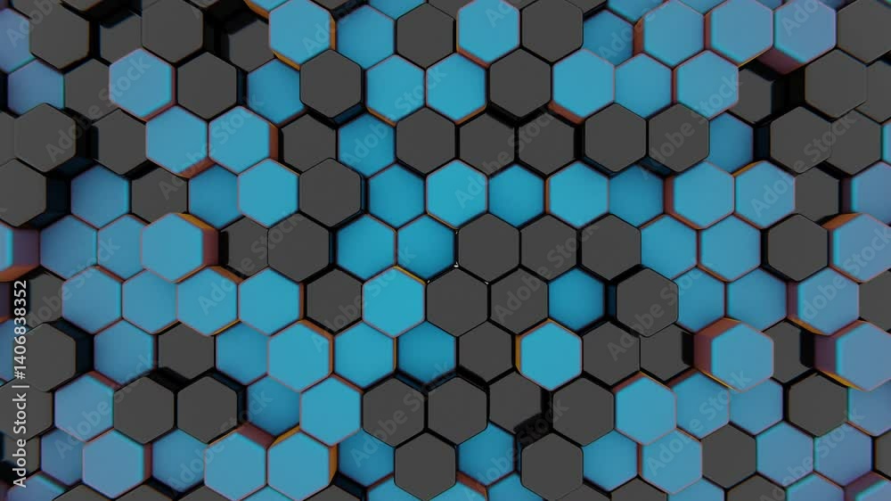 Aufkleber Black and blue hexagonal 3D blocks arranged in a honeycomb pattern, forming a modern, minimal design with repetitive geometry and a futuristic mosaic aesthetic.