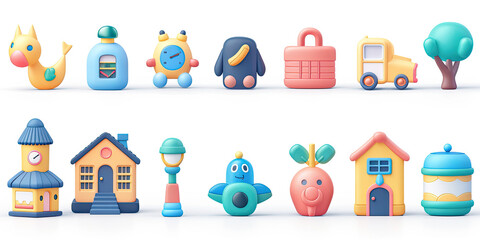 A collection of cartoonish 3D models, perfect for kids' media a variety of objects including vehicles, buildings, and animals, all in bright pastel colors.
