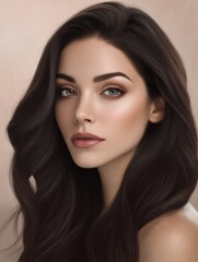 Obraz premium Beauty portrait of an elegant woman with long, wavy dark hair and perfect makeup