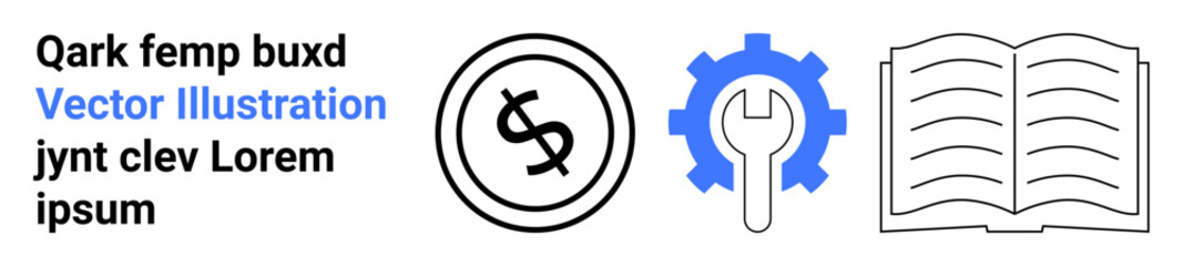 Coin with dollar sign, gear with wrench, and open book. Ideal for finance, tools, education, industry, learning repair financial concepts. Abstract line flat metaphor