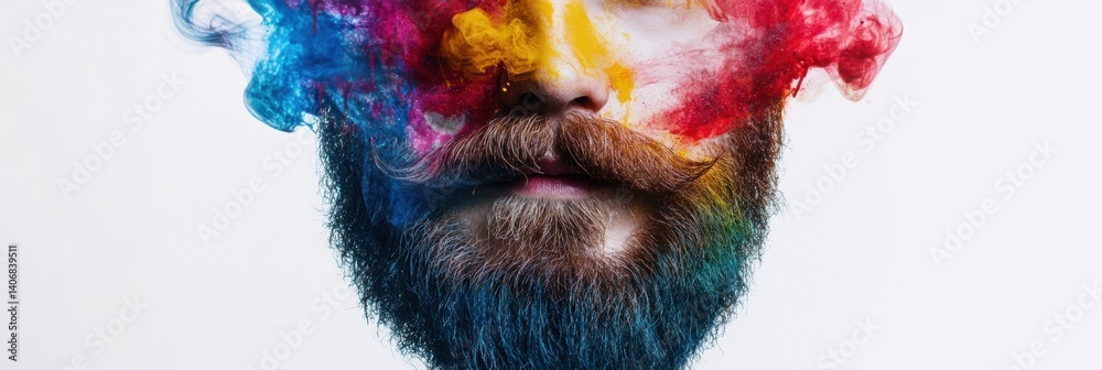 Poster colorful beard shape with vibrant paint splashes creating an artistic graffiti vibe in a creative ur