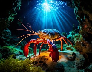 Red crustaceans like crayfish and lobster, marine shellfish with prominent claws, thrive in both fresh river and salty ocean waters