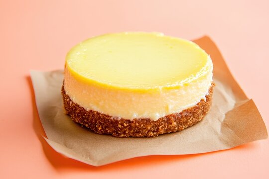 Delicious round lemon cheesecake, ready to eat.