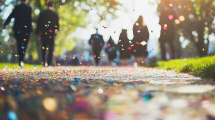Obraz premium Back view of walking students on confetti ground outdoors