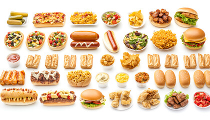 Big menu of various Fast Foods and snacks, isolated on white background. fast food menu set. Assortment of many delicious fast foods isolated. hotdog, pasta, chicken burger, burrito