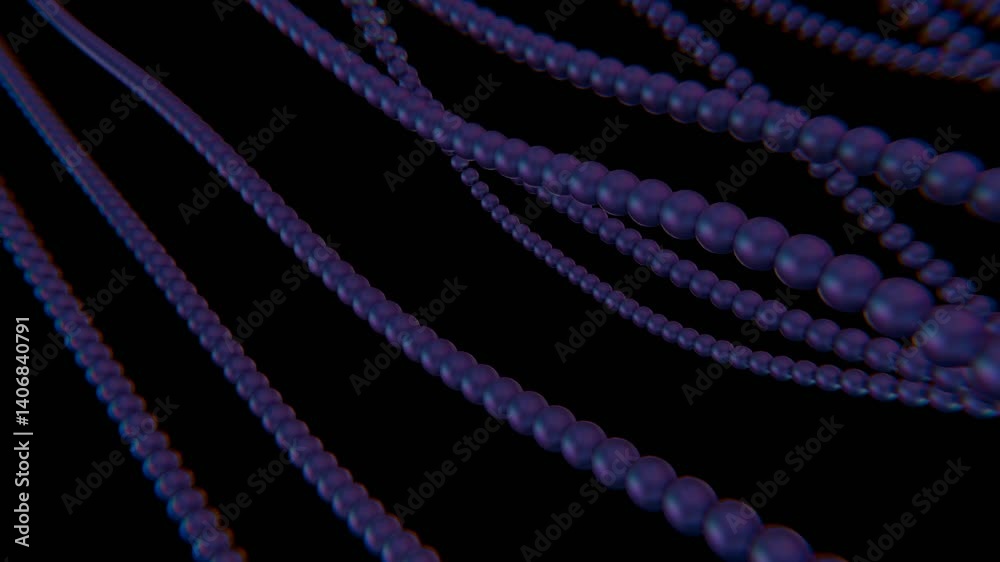 Poster Strings of purple spheres form a flowing wave pattern on a black background, blending illusions and technology into a dynamic, futuristic design.