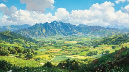 Picturesque Mountain Valley Landscape Under Sunny Sky
