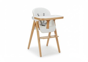 A modern high chair with wooden frame and white seat isolated on a white background in studio shot