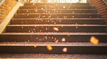 Naklejka premium Staircase in sunlight with graduation confetti