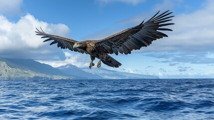 Fototapeta premium Majestic eagle soaring over ocean waves scenic coastline nature photography serene environment aerial perspective