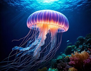 Obraz premium Deep blue underwater life of transparent jellyfish floating in the dark ocean