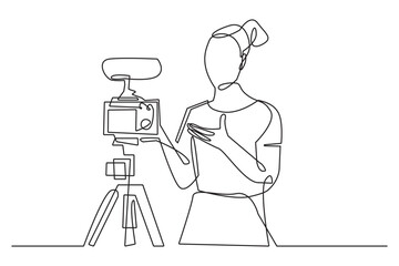 Continuous Line Drawing of Woman and Camera Isolated on White