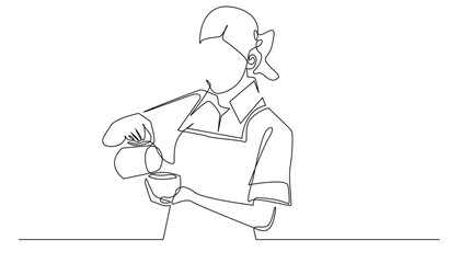 Continuous Line Drawing of a Barista Pouring Coffee, Isolated on White