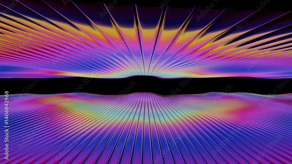 Leinwandbilder Rainbow lines converge at the horizon, glowing in neon against a black backdrop, creating a dynamic wave pattern that merges illusions, technology, and synergy for a futuristic design.