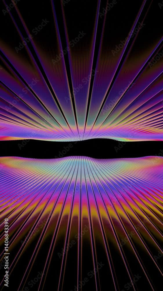 Poster Rainbow lines converge at the horizon, glowing in neon against a black backdrop, creating a dynamic wave pattern that merges illusions, technology, and synergy for a futuristic design.