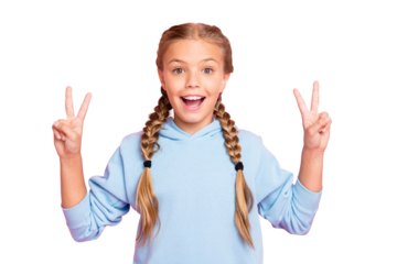 Photo of cheerful cute casual blonde haired overjoyed girl seeing her girlfriend and greeting her by showing v-sign isolated over pastel color background