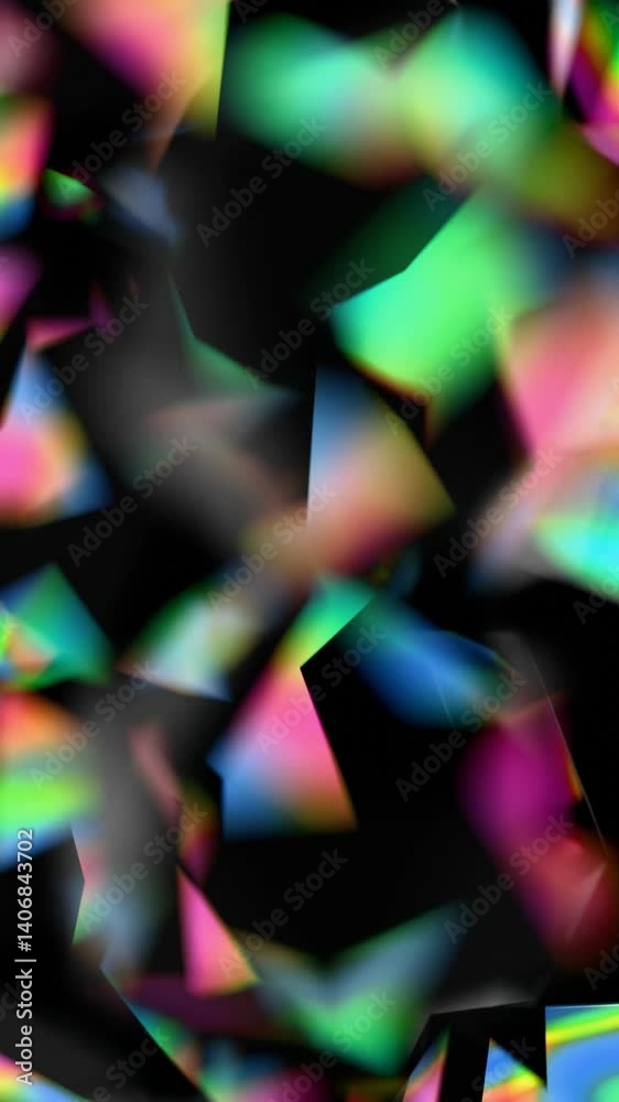 Poster Black polyhedral shapes with vibrant, iridescent surfaces floating on a black background, merging illusions, technology, and wave pattern in a futuristic design.