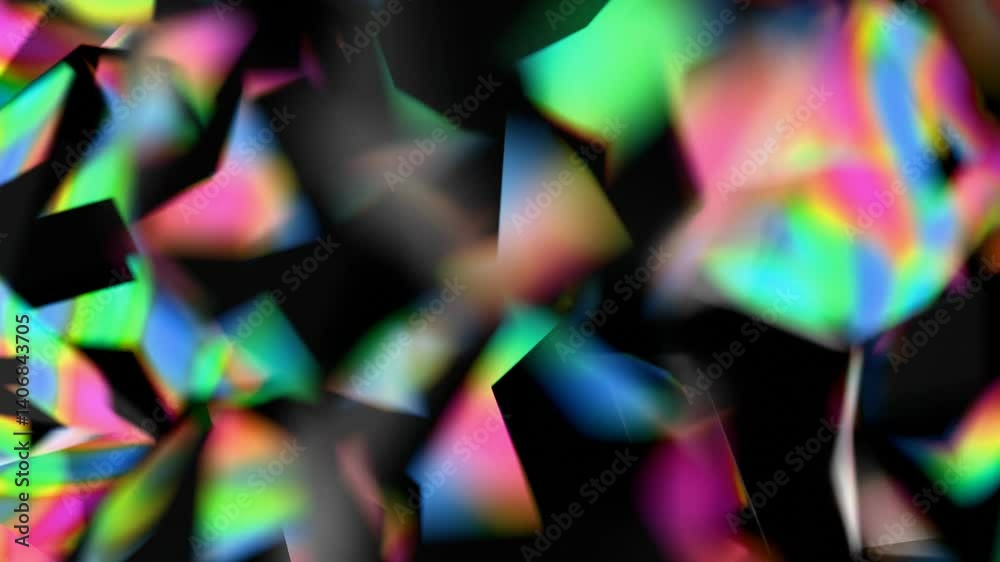 Aufkleber Black polyhedral shapes with vibrant, iridescent surfaces floating on a black background, merging illusions, technology, and wave pattern in a futuristic design.
