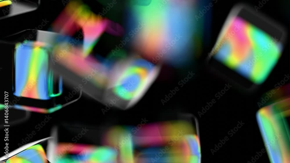Poster Glossy black cubes with iridescent edges arranged on a dark background, blending illusions and technology into a sleek, modern abstract design.