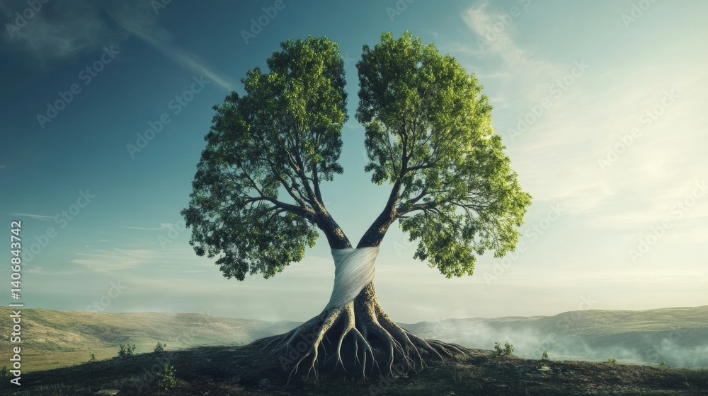 Poster tree resembling human lungs symbolizes breath and natures connection in a serene landscape under a c