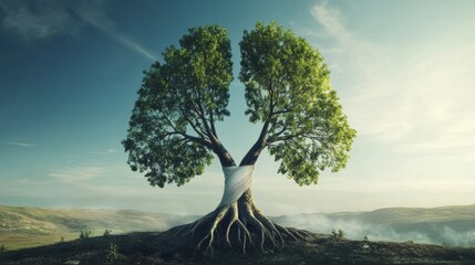 Tree resembling human lungs symbolizes breath and natures connection in a serene landscape under a clear sky