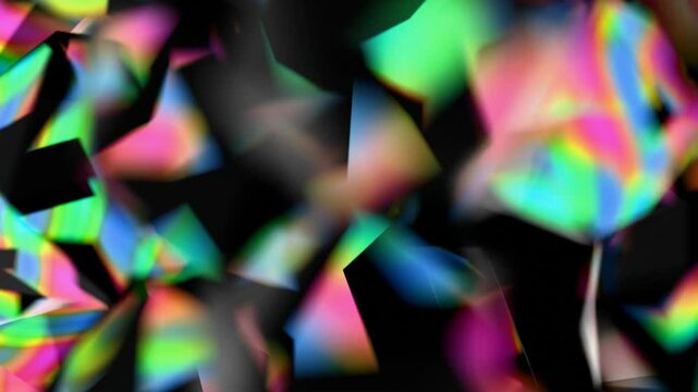 Black polyhedral shapes with vibrant, iridescent surfaces floating on a black background, merging illusions, technology, and wave pattern in a futuristic design.