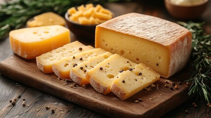 Swiss Cheese Slices on Rustic Wooden Board