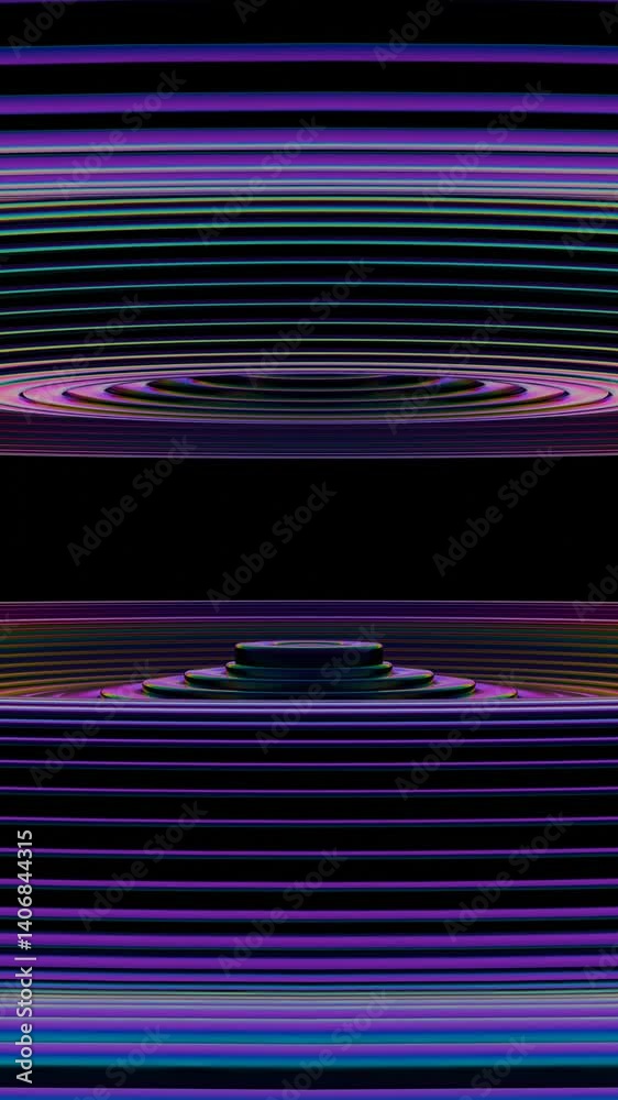 Poster concentric rainbow rings on a black background create swirling illusions and synergy, merging wave p