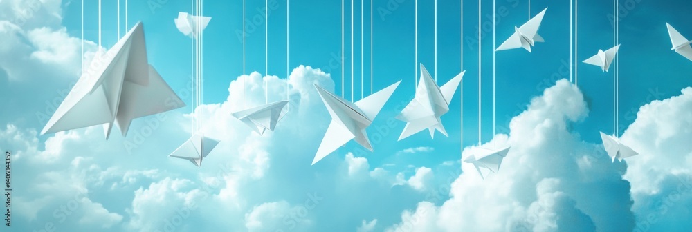 Aufkleber Delicate paper planes float serenely in a soft sky filled with gentle clouds, evoking a sense of childhood wonder and tranquility
