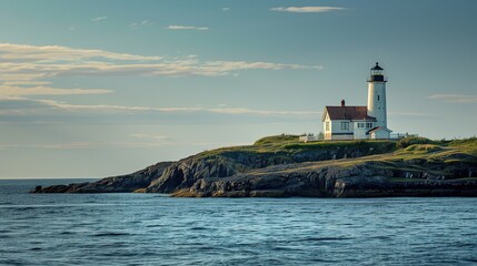 Bright Horizon with a Lone Lighthouse Standing by the Sea, Peaceful Coastal Scene Filled with Light and Solitude
