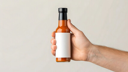 Hand holding small hot sauce bottle with blank label perfect for branding design mockups and spicy food product advertising