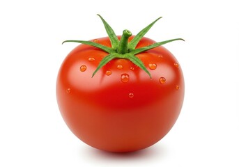 A single ripe red tomato with green stem and water droplets isolated on a white background close up view