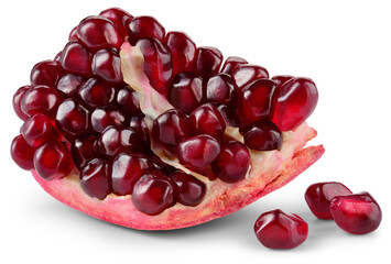 Pomegranate isolated png. Pomegranate piece with seeds on white or transparent background. Broken...
