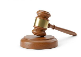 A wooden gavel with a gold band resting on a wooden base on a white background in a studio shot