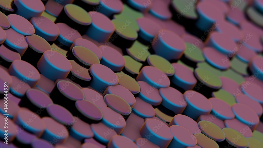 Fototapete Vibrant pink and blue discs arranged in a dynamic 3D pattern, forming a modern geometric composition with layered color transitions and a playful aesthetic........