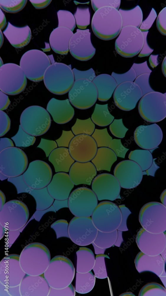 Poster Vibrant pink and blue discs arranged in a dynamic 3D pattern, forming a modern geometric composition with layered color transitions and a playful aesthetic........