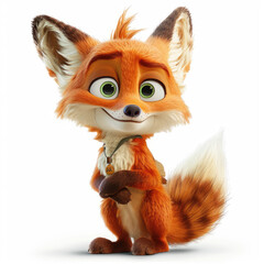 Obraz premium A digitally rendered cartoon fox character, with an orange-red coat, standing in profile view, smiling, and carrying a small backpack.